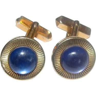 1970's Swank Goldtone Cufflinks w/ Blue Cab - image 1