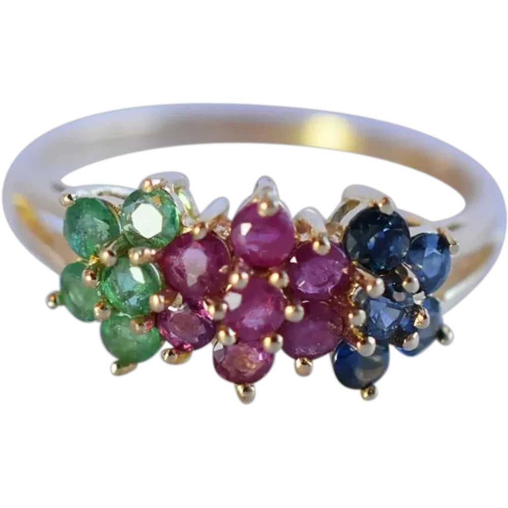 Vintage Ruby Sapphire and Emerald Flower Cluster … - image 1