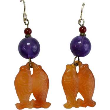 Mid-Century Vintage Chinese Carved Carnelian & Am… - image 1