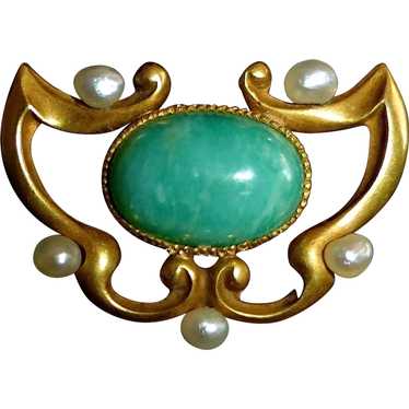 14k Art Nouveau Amazonite & Seed Pearl Watch Pin - image 1