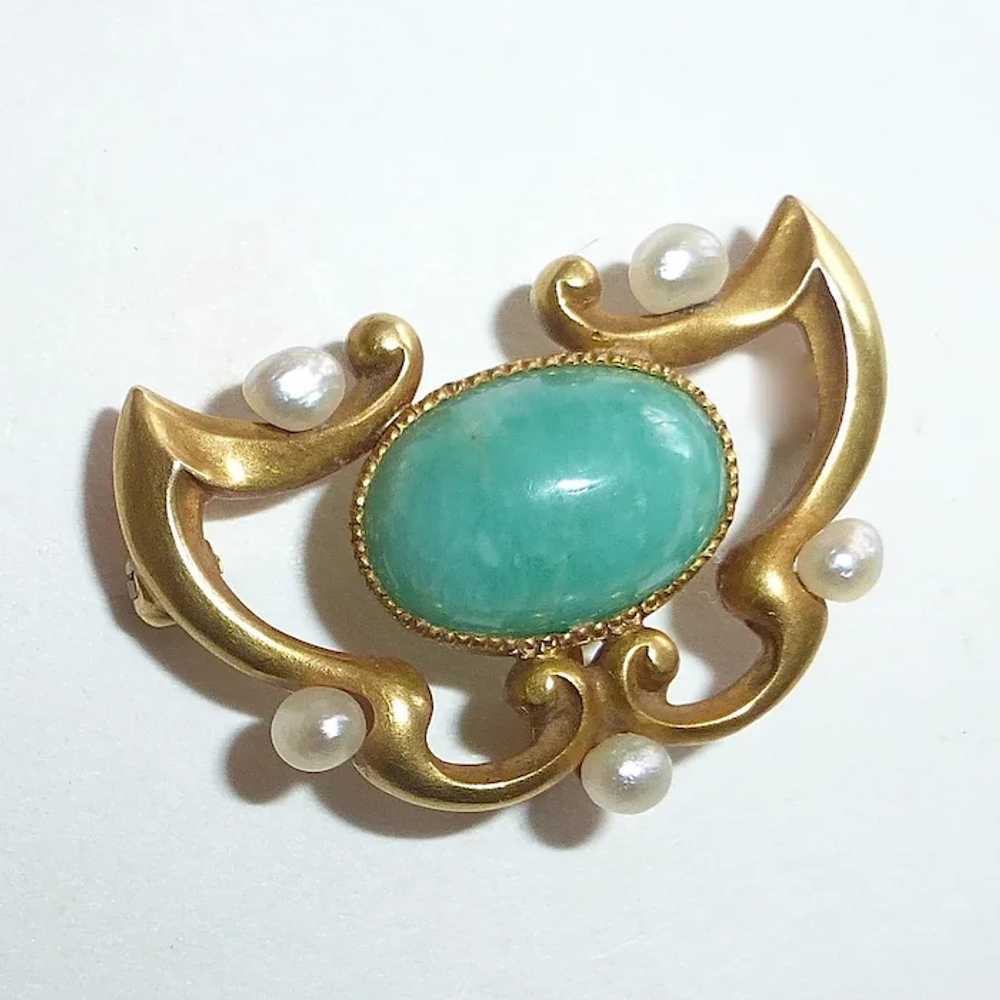14k Art Nouveau Amazonite & Seed Pearl Watch Pin - image 2