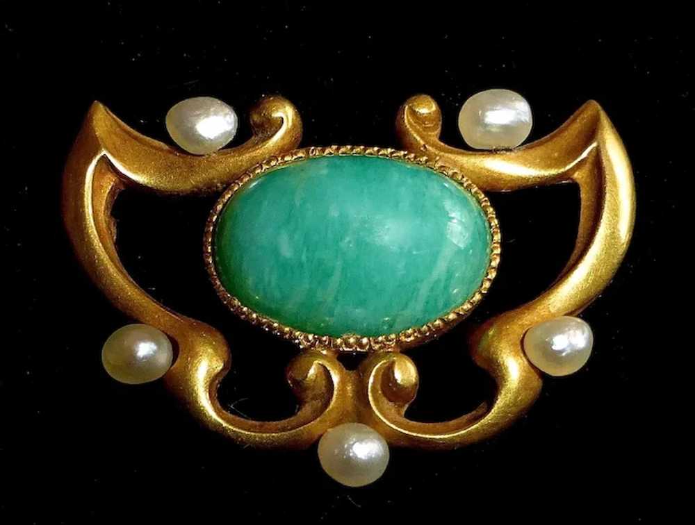 14k Art Nouveau Amazonite & Seed Pearl Watch Pin - image 3