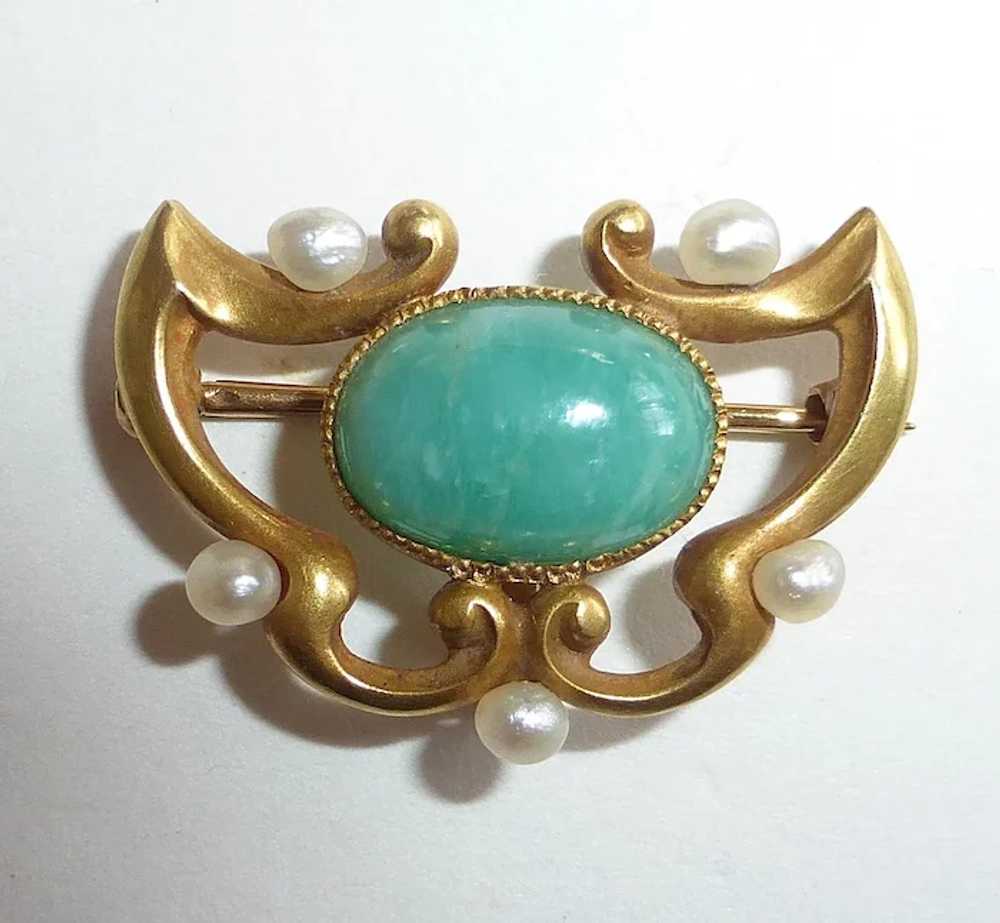 14k Art Nouveau Amazonite & Seed Pearl Watch Pin - image 4