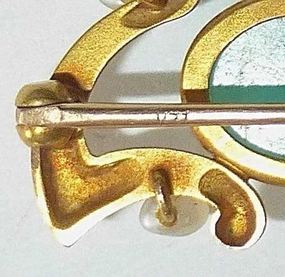 14k Art Nouveau Amazonite & Seed Pearl Watch Pin - image 6