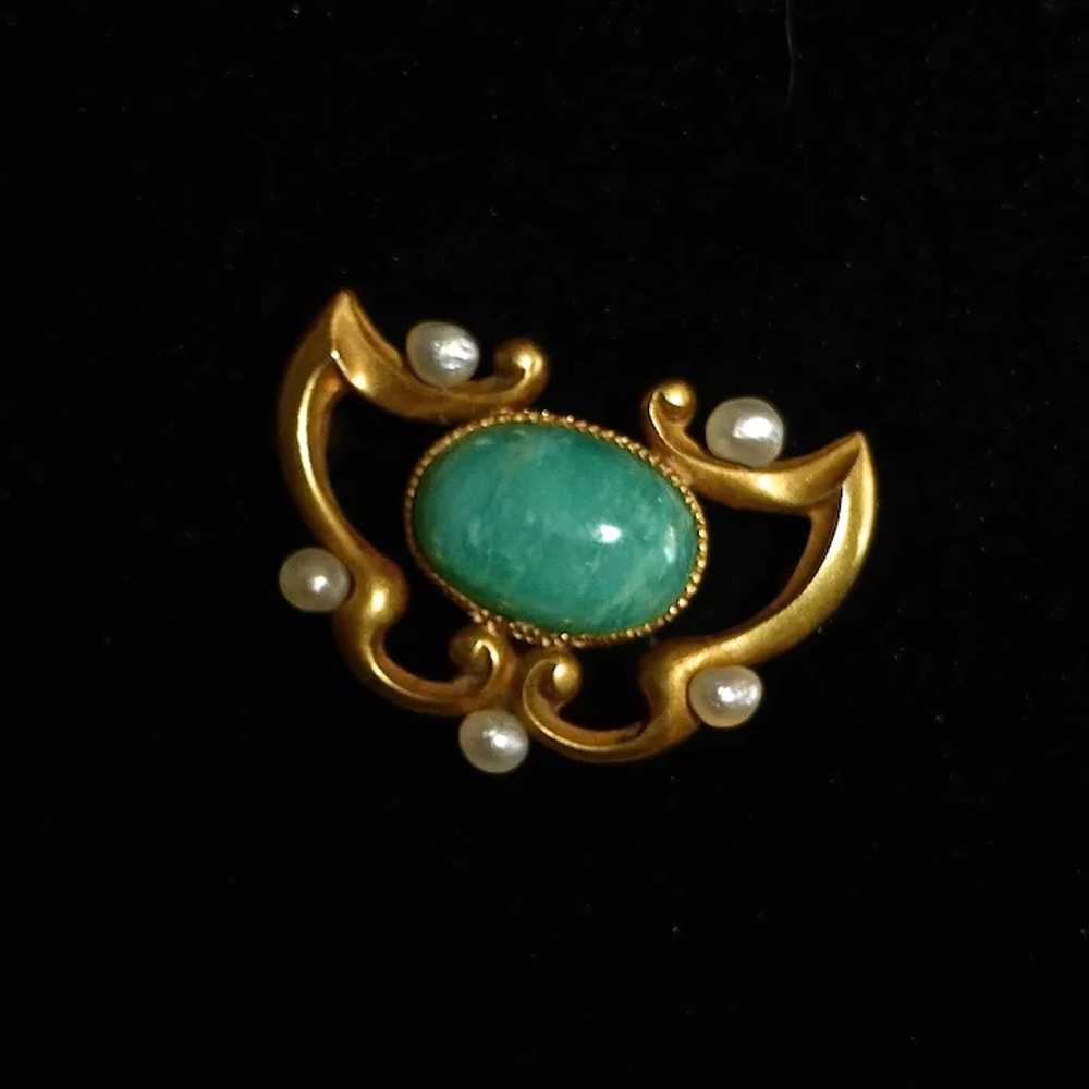 14k Art Nouveau Amazonite & Seed Pearl Watch Pin - image 7