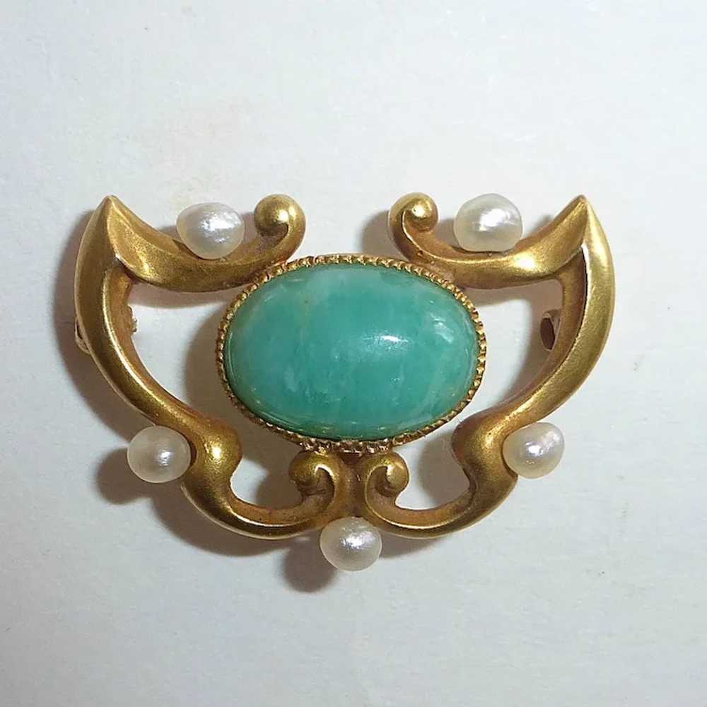 14k Art Nouveau Amazonite & Seed Pearl Watch Pin - image 8