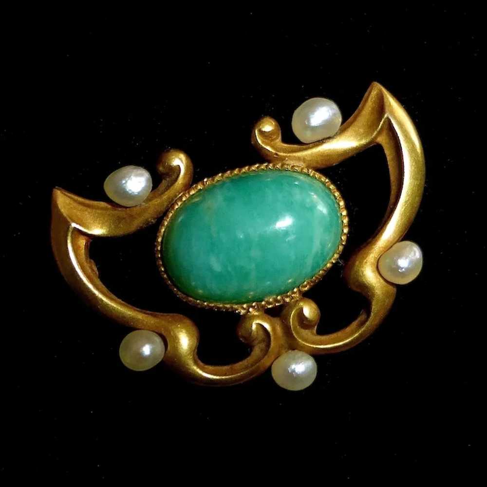14k Art Nouveau Amazonite & Seed Pearl Watch Pin - image 9