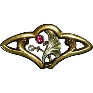14k Art Nouveau Pin Seed Pearl & Ruby - image 1