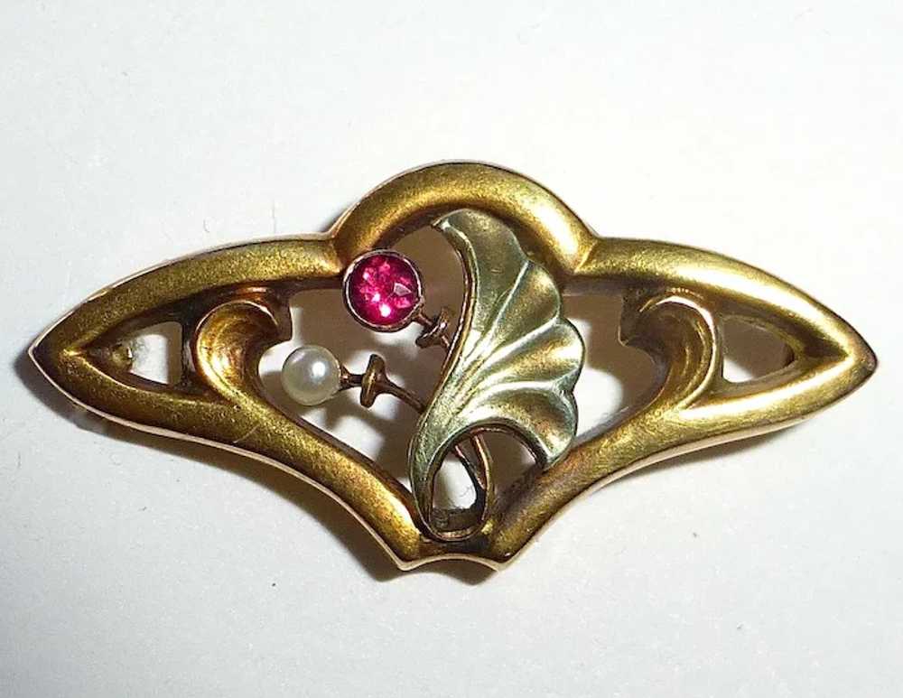 14k Art Nouveau Pin Seed Pearl & Ruby - image 2