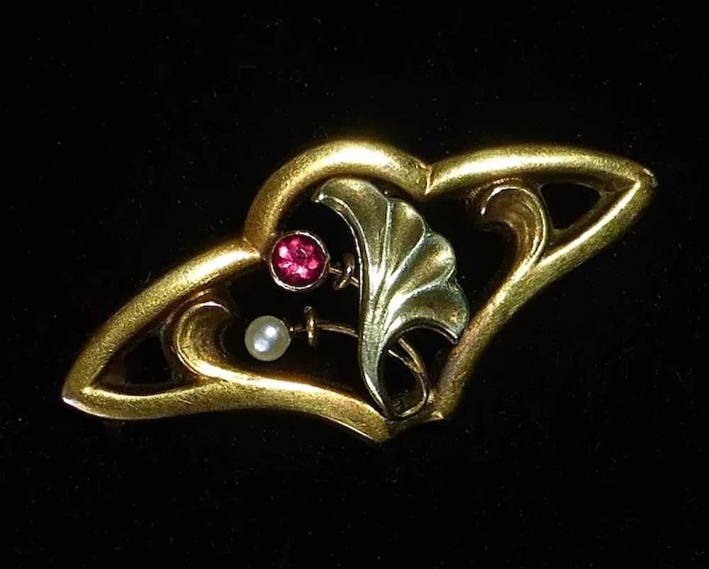 14k Art Nouveau Pin Seed Pearl & Ruby - image 3