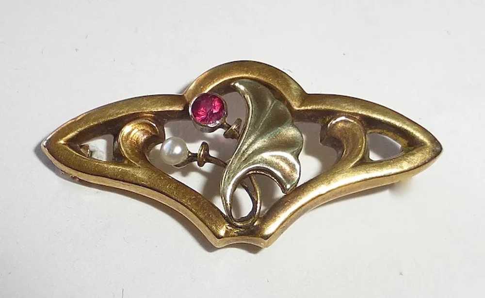 14k Art Nouveau Pin Seed Pearl & Ruby - image 4