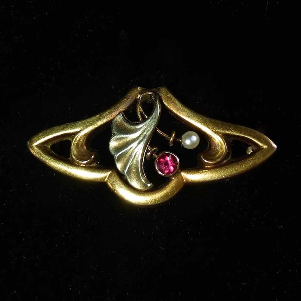 14k Art Nouveau Pin Seed Pearl & Ruby - image 5