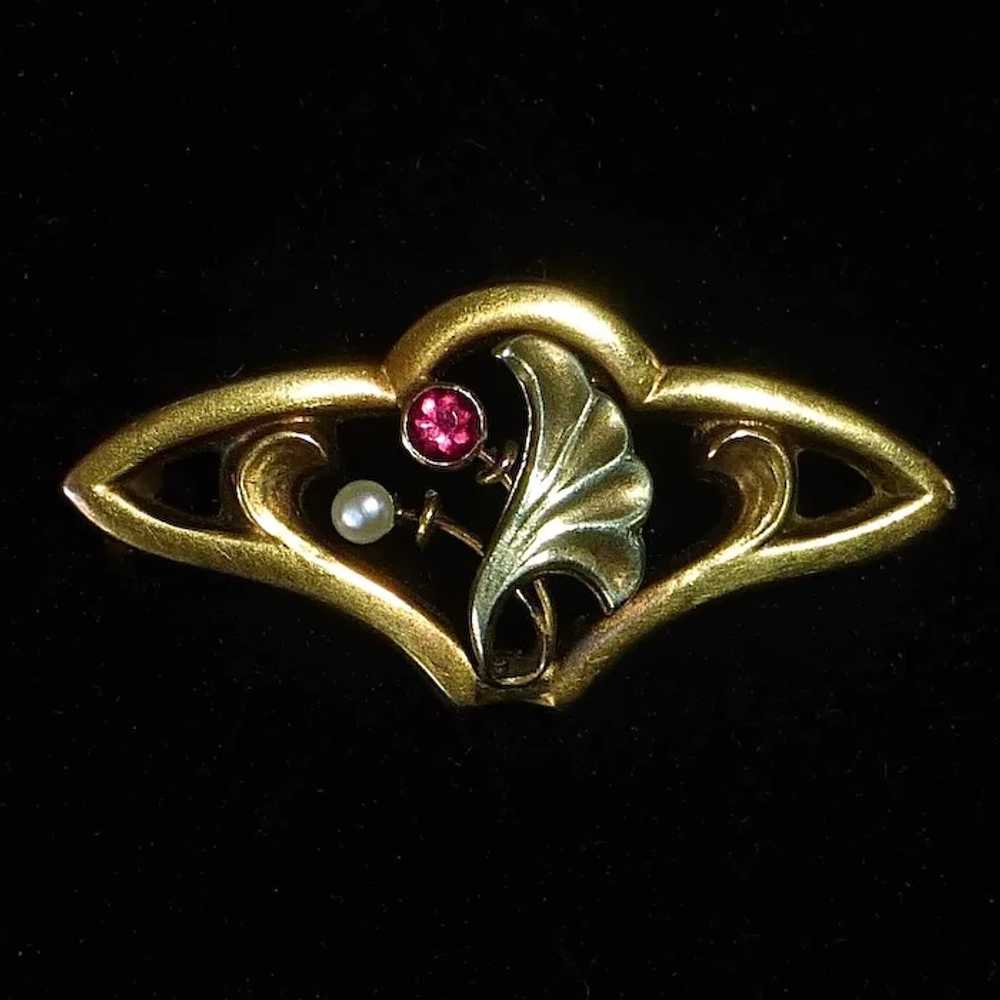 14k Art Nouveau Pin Seed Pearl & Ruby - image 8