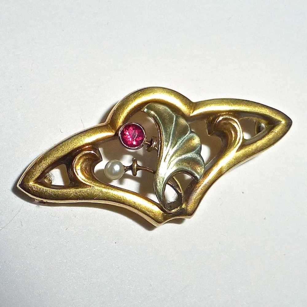 14k Art Nouveau Pin Seed Pearl & Ruby - image 9
