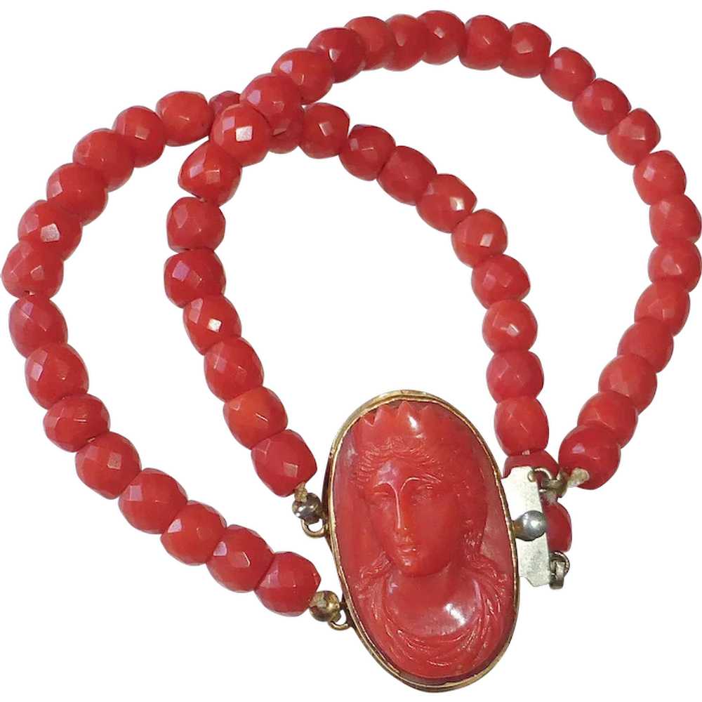 Antique Coral Cameo & Faceted Coral Bead Bracelet - image 1