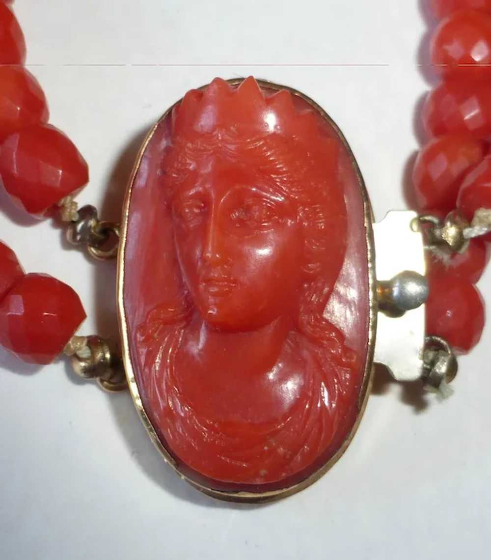 Antique Coral Cameo & Faceted Coral Bead Bracelet - image 2