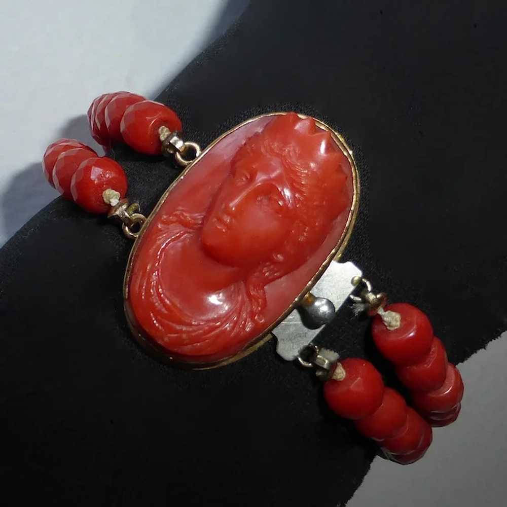 Antique Coral Cameo & Faceted Coral Bead Bracelet - image 3