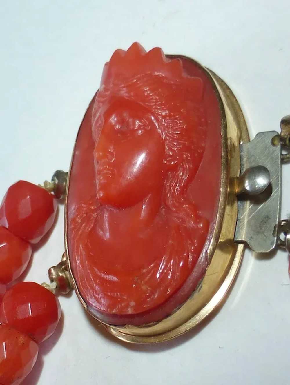 Antique Coral Cameo & Faceted Coral Bead Bracelet - image 4