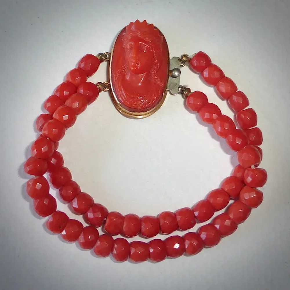 Antique Coral Cameo & Faceted Coral Bead Bracelet - image 9
