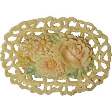 Celluloid Tinted Floral Pin w Lacy Edge