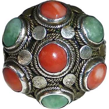 Antique Chinese Sterling Jade & Coral Ring