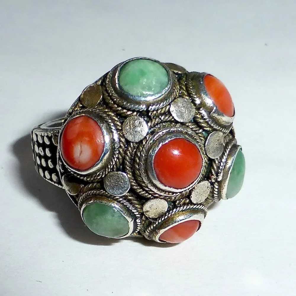 Antique Chinese Sterling Jade & Coral Ring - image 2