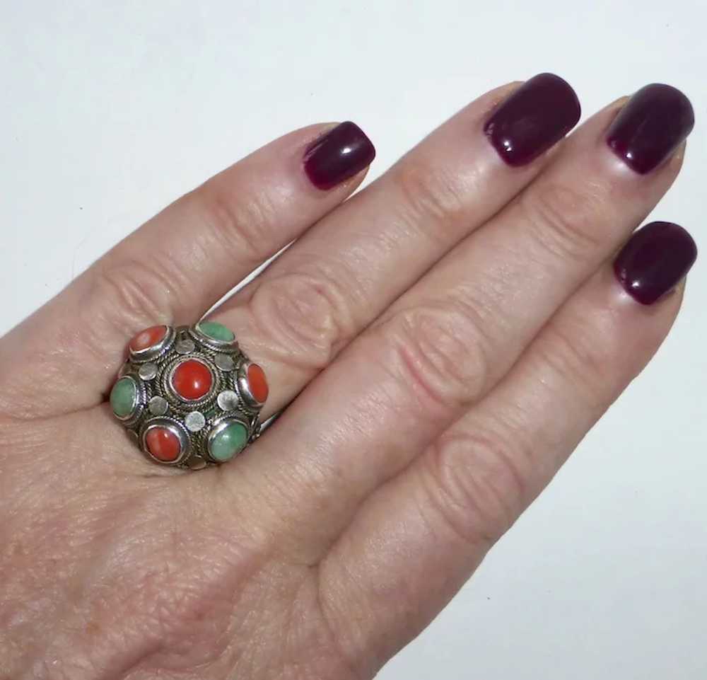 Antique Chinese Sterling Jade & Coral Ring - image 5