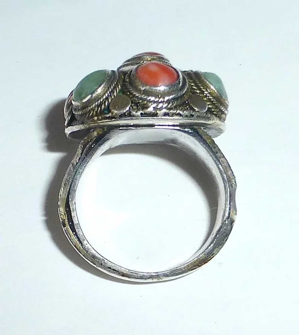 Antique Chinese Sterling Jade & Coral Ring - image 6