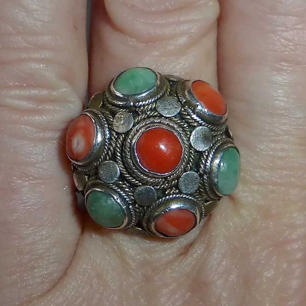 Antique Chinese Sterling Jade & Coral Ring - image 7