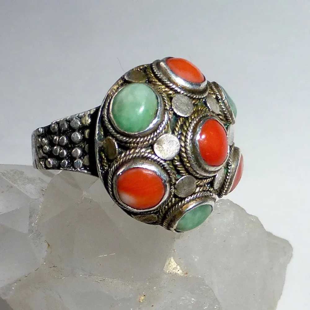 Antique Chinese Sterling Jade & Coral Ring - image 8