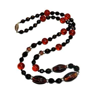 Amber Foil Black Glass Bead Necklace w Rhinestone… - image 1