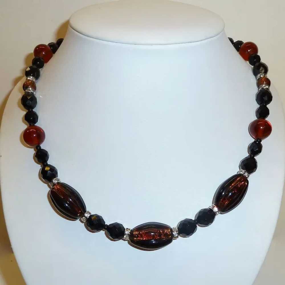 Amber Foil Black Glass Bead Necklace w Rhinestone… - image 2