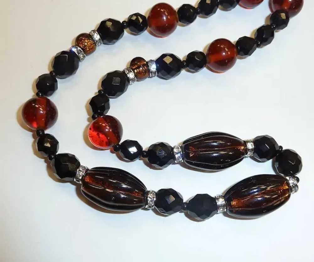 Amber Foil Black Glass Bead Necklace w Rhinestone… - image 3