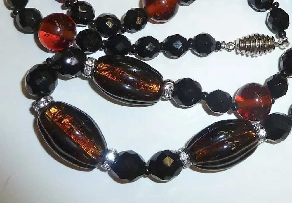 Amber Foil Black Glass Bead Necklace w Rhinestone… - image 5