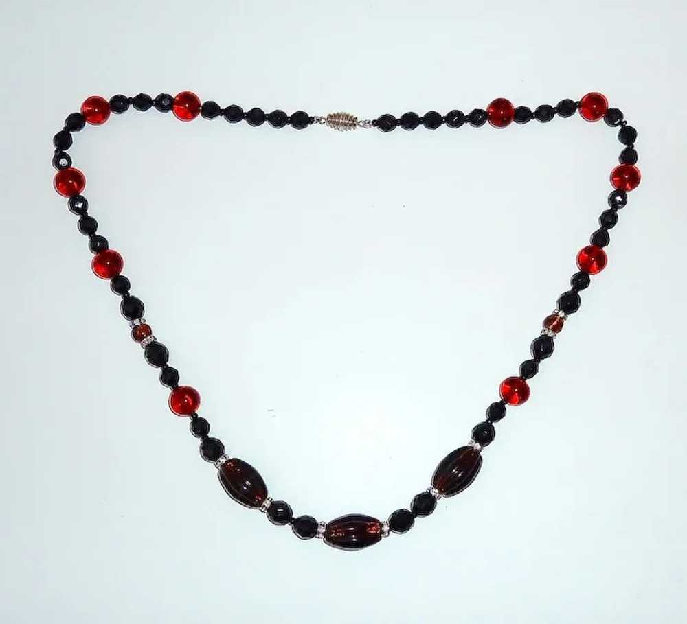 Amber Foil Black Glass Bead Necklace w Rhinestone… - image 6
