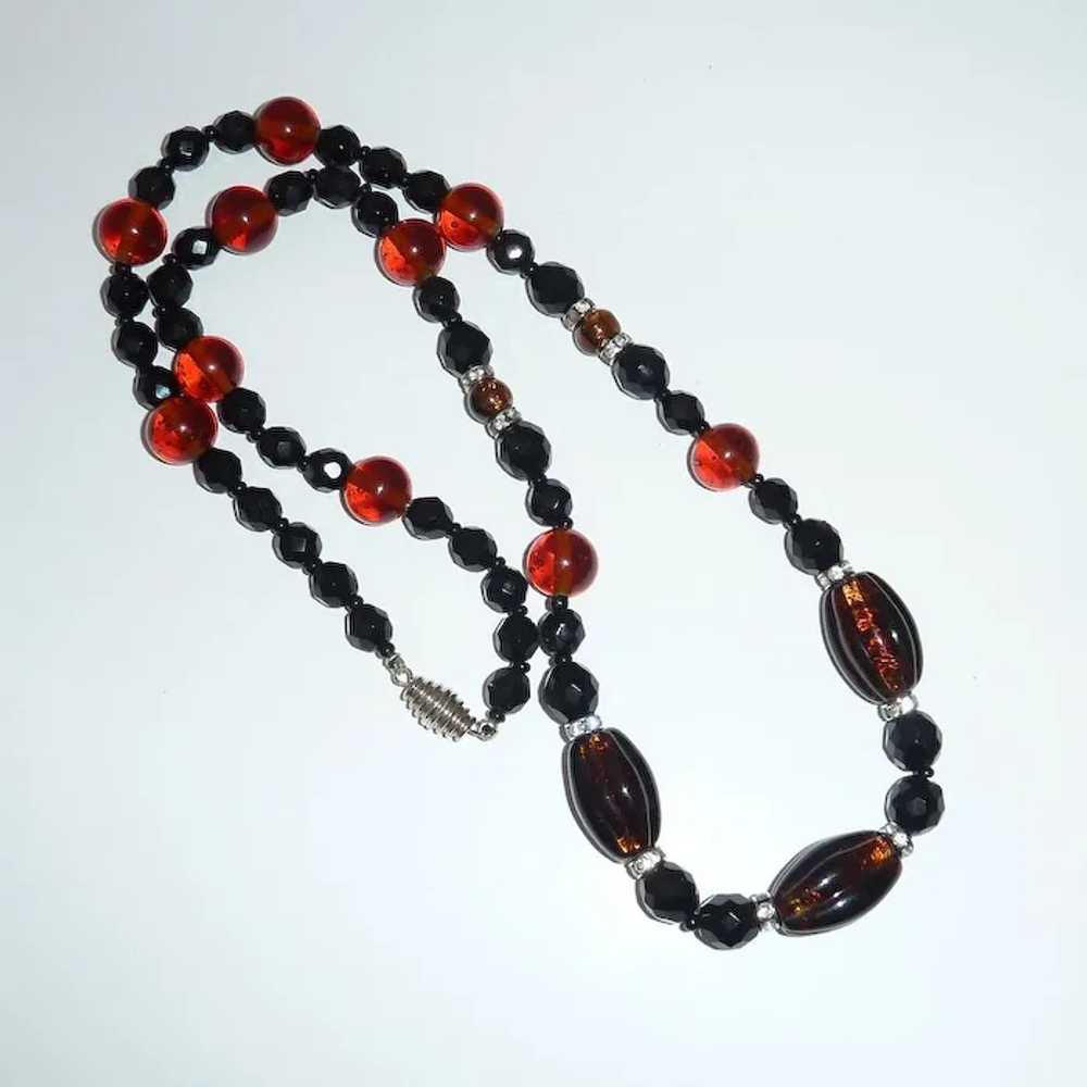 Amber Foil Black Glass Bead Necklace w Rhinestone… - image 7