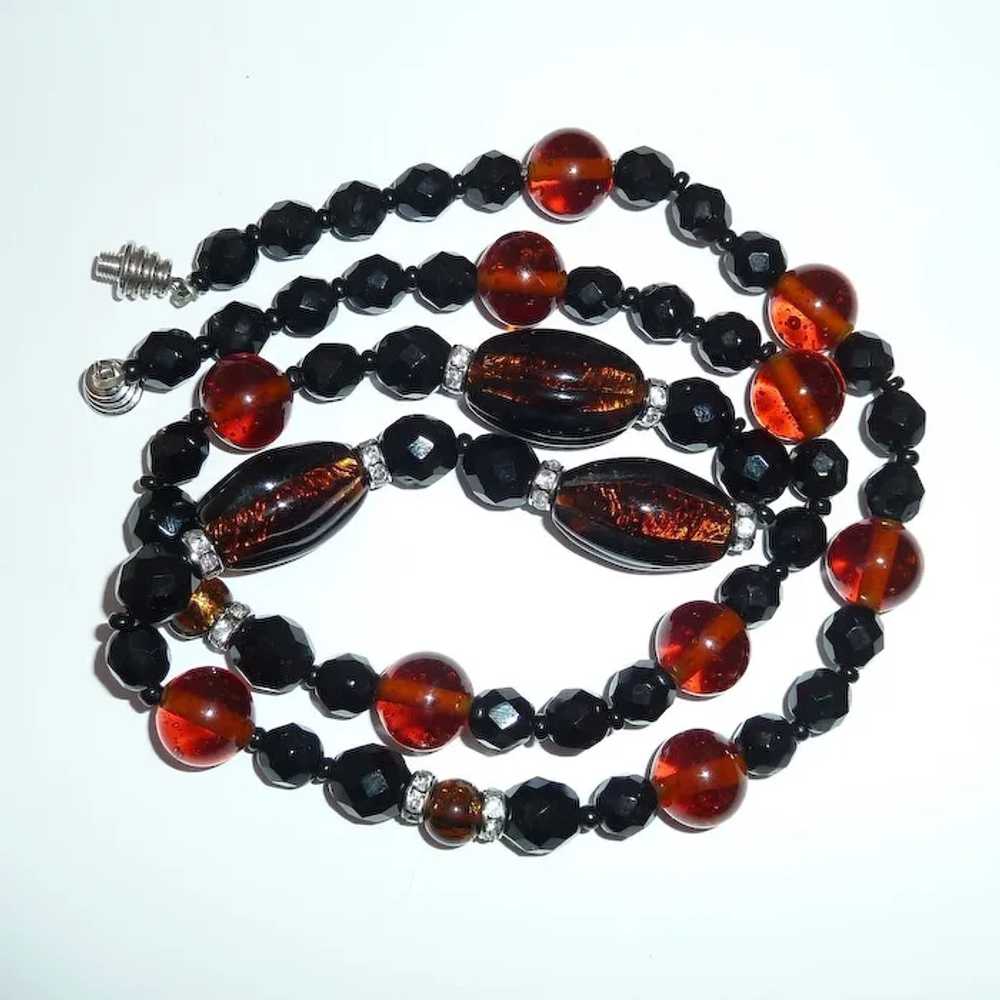 Amber Foil Black Glass Bead Necklace w Rhinestone… - image 8