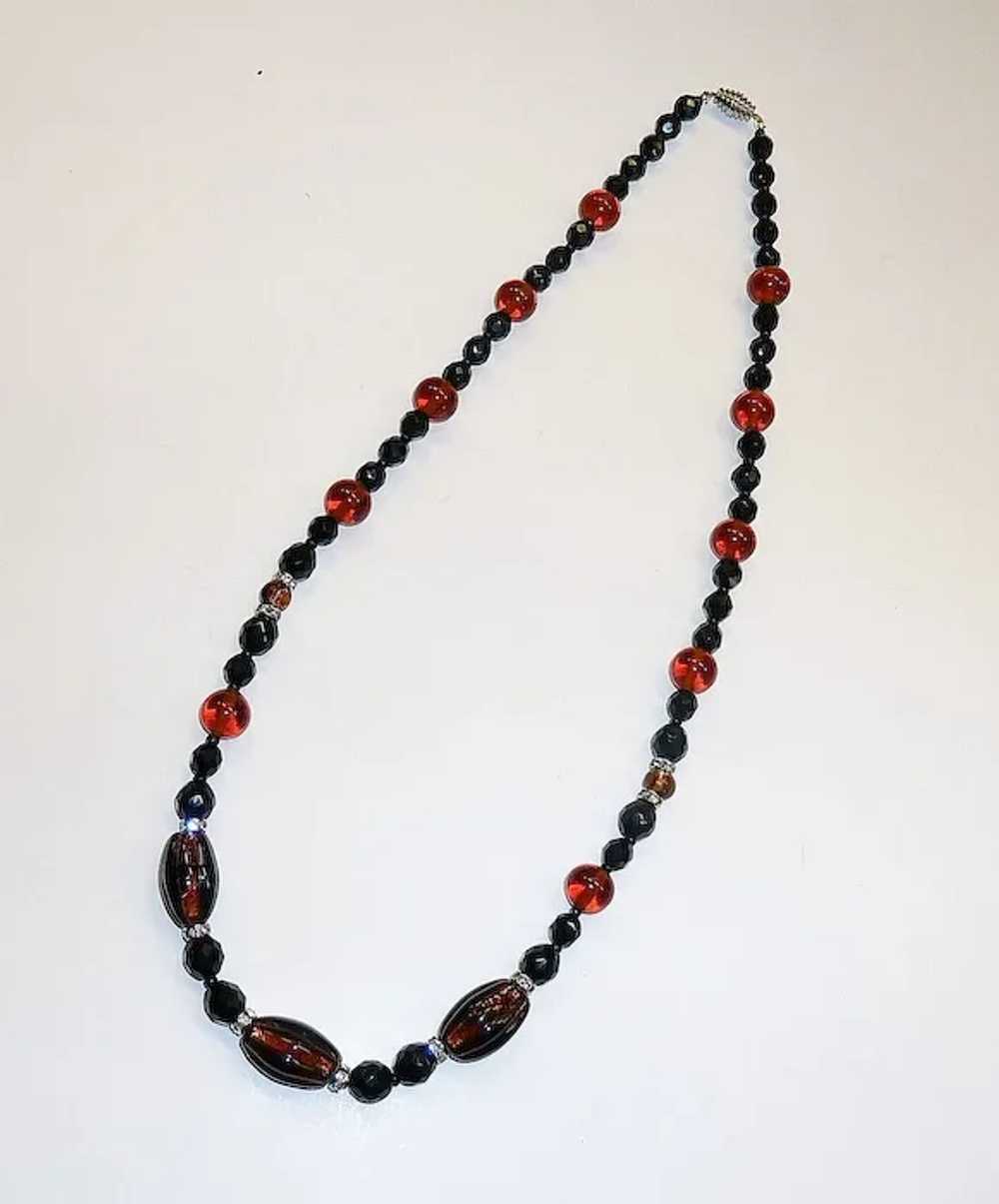 Amber Foil Black Glass Bead Necklace w Rhinestone… - image 9