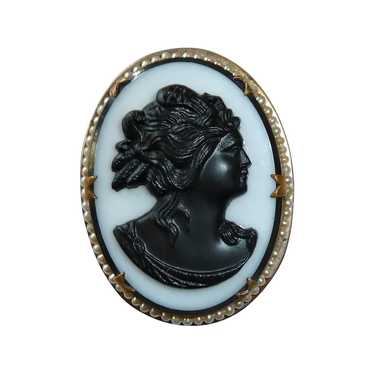 Victorian Revival Black & White Glass Cameo Pin