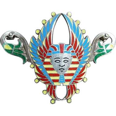 Egyptian Revival Sterling Enamel Winged Pharaoh H… - image 1