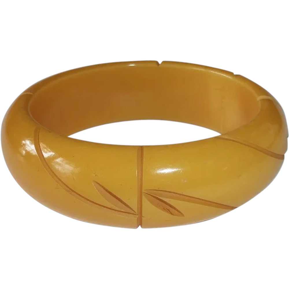 Bakelite Bracelet Carved Wide Butterscotch Bangle - image 1