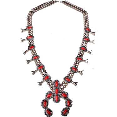 Native American Sterling & Coral Squash Blossom N… - image 1