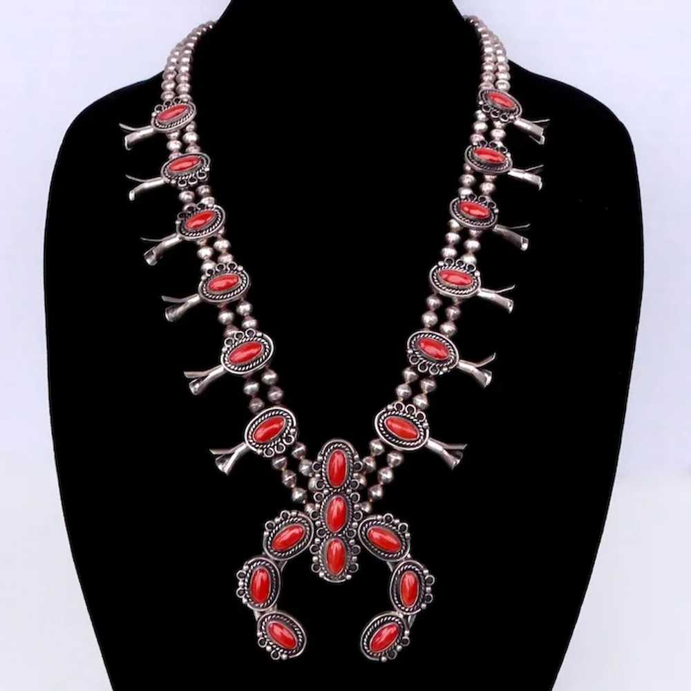 Native American Sterling & Coral Squash Blossom N… - image 2