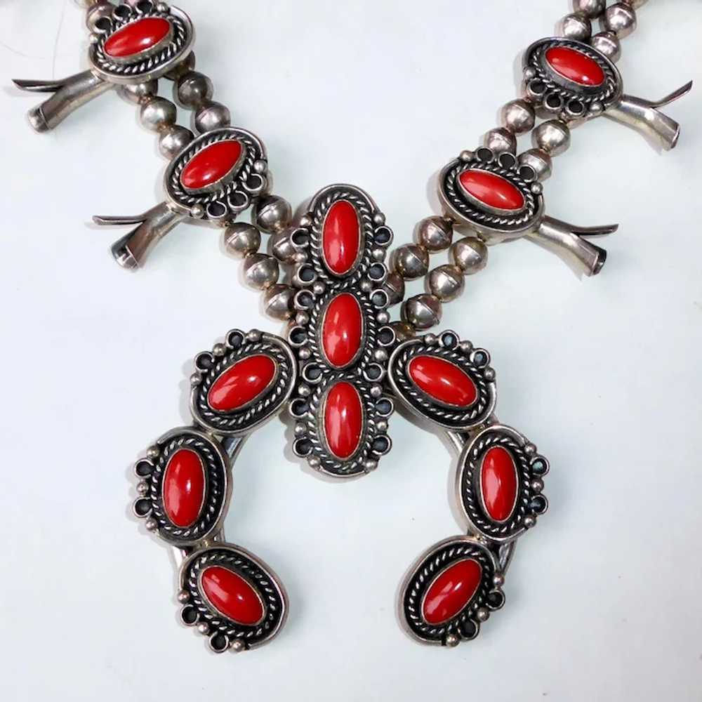 Native American Sterling & Coral Squash Blossom N… - image 3