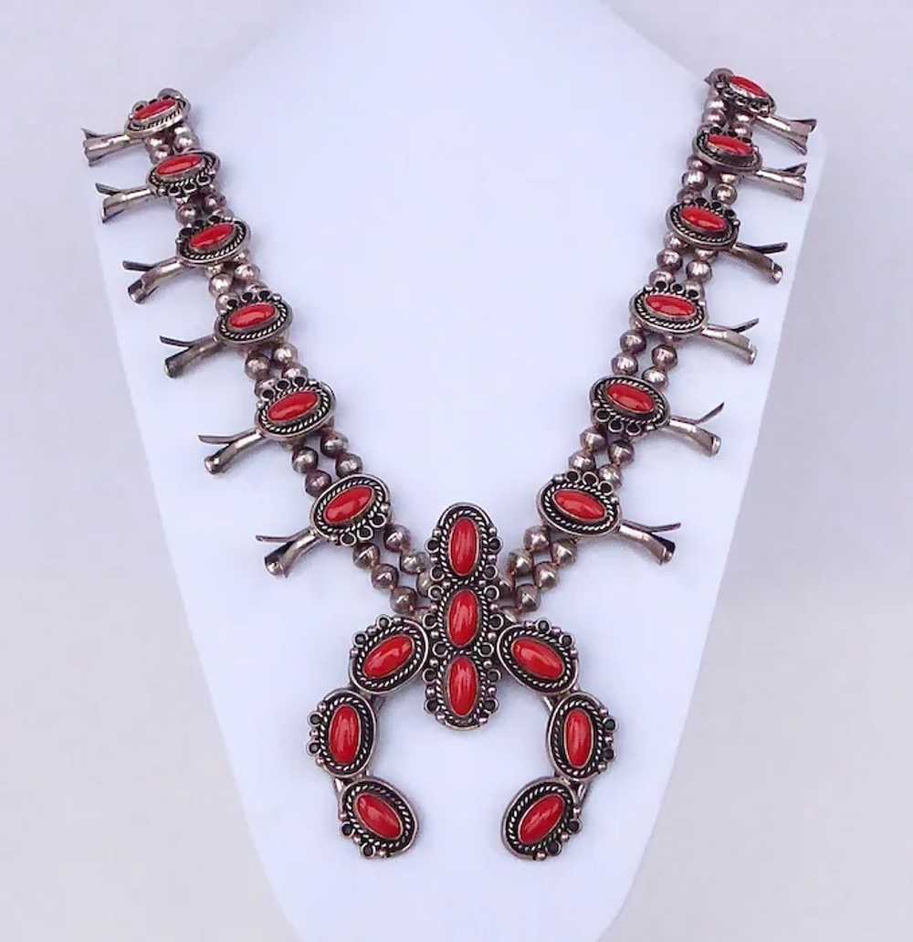 Native American Sterling & Coral Squash Blossom N… - image 6