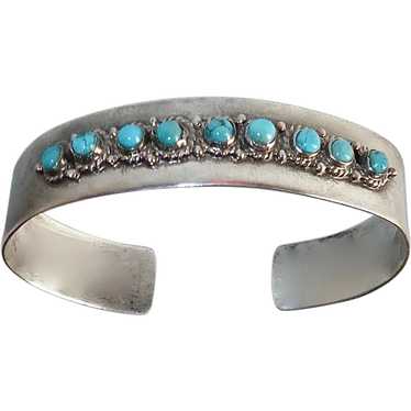 Mexican Sterling Cuff Bracelet 9 Turquoise Caboch… - image 1