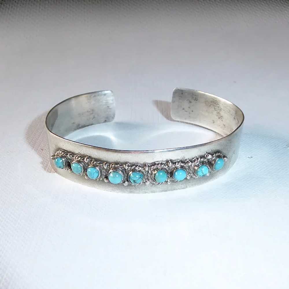 Mexican Sterling Cuff Bracelet 9 Turquoise Caboch… - image 4