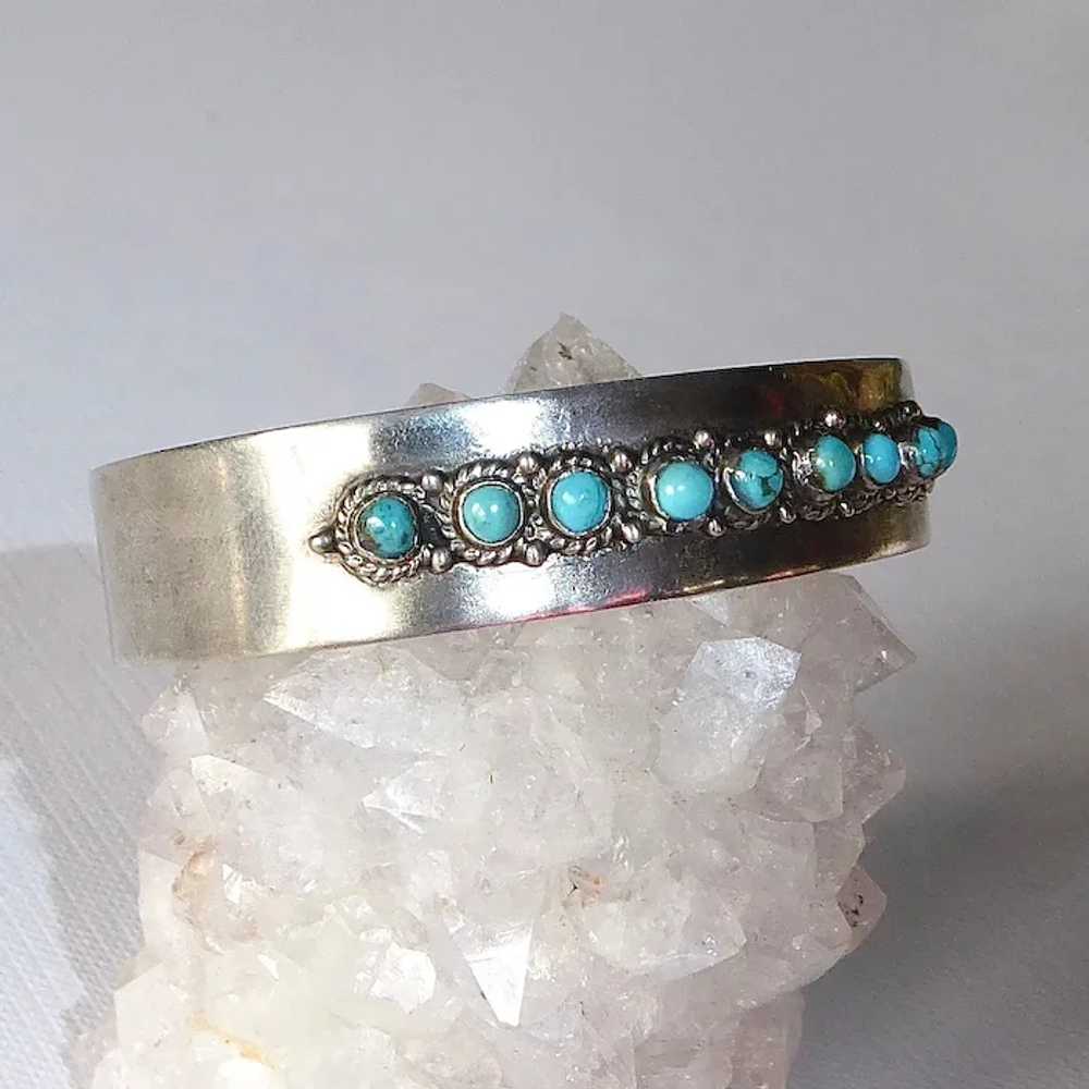 Mexican Sterling Cuff Bracelet 9 Turquoise Caboch… - image 9