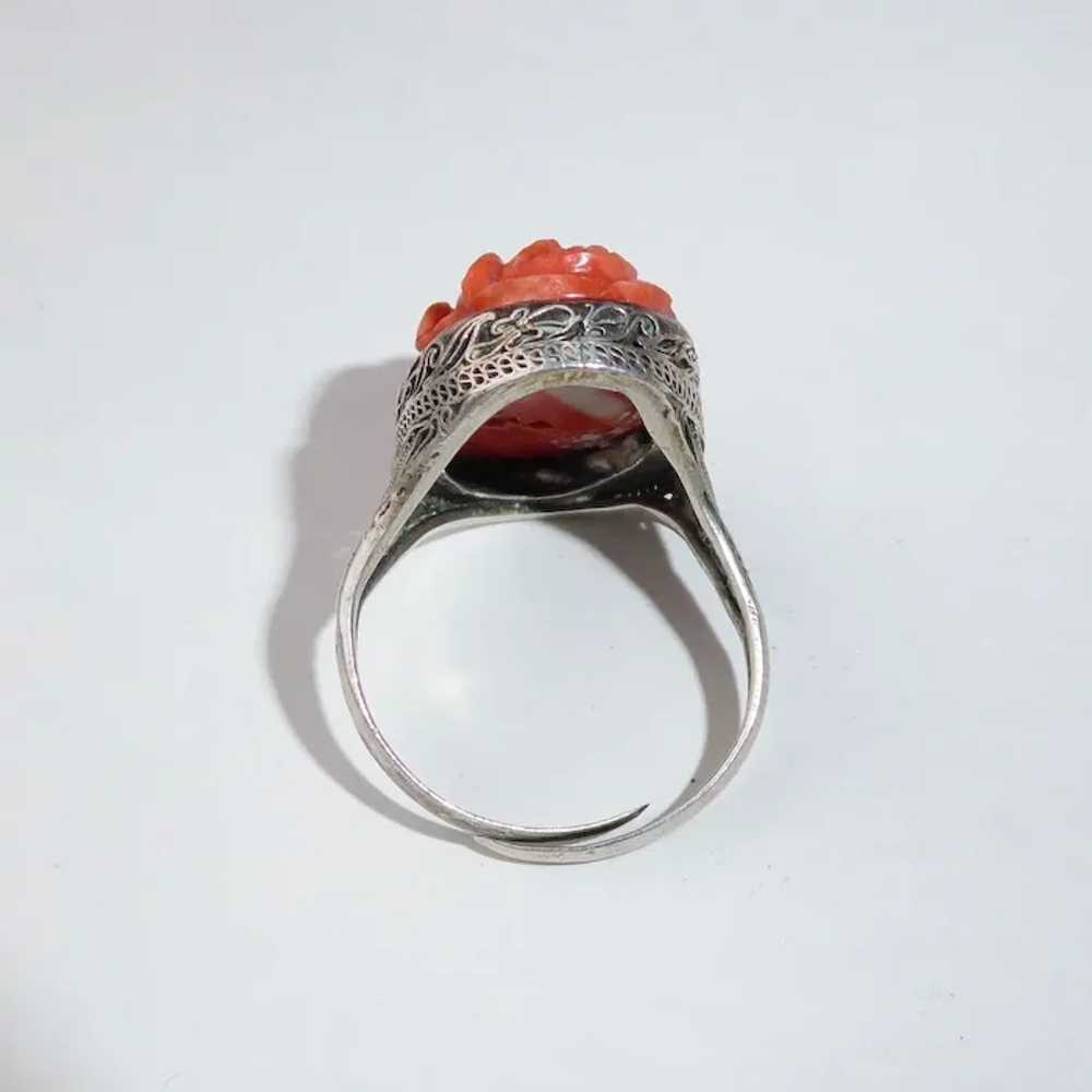 Chinese Filigree Sterling Ring Hand Carved Coral - image 10