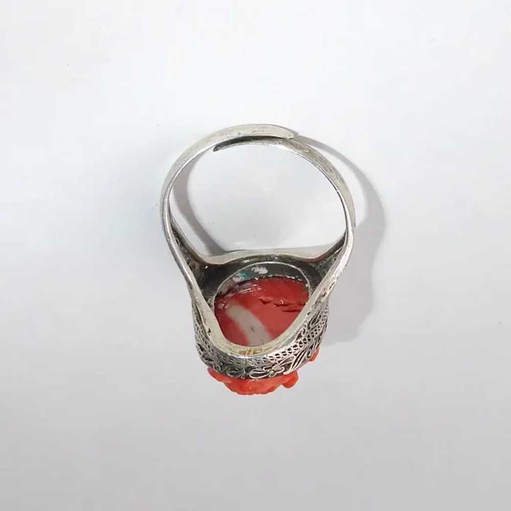 Chinese Filigree Sterling Ring Hand Carved Coral - image 11